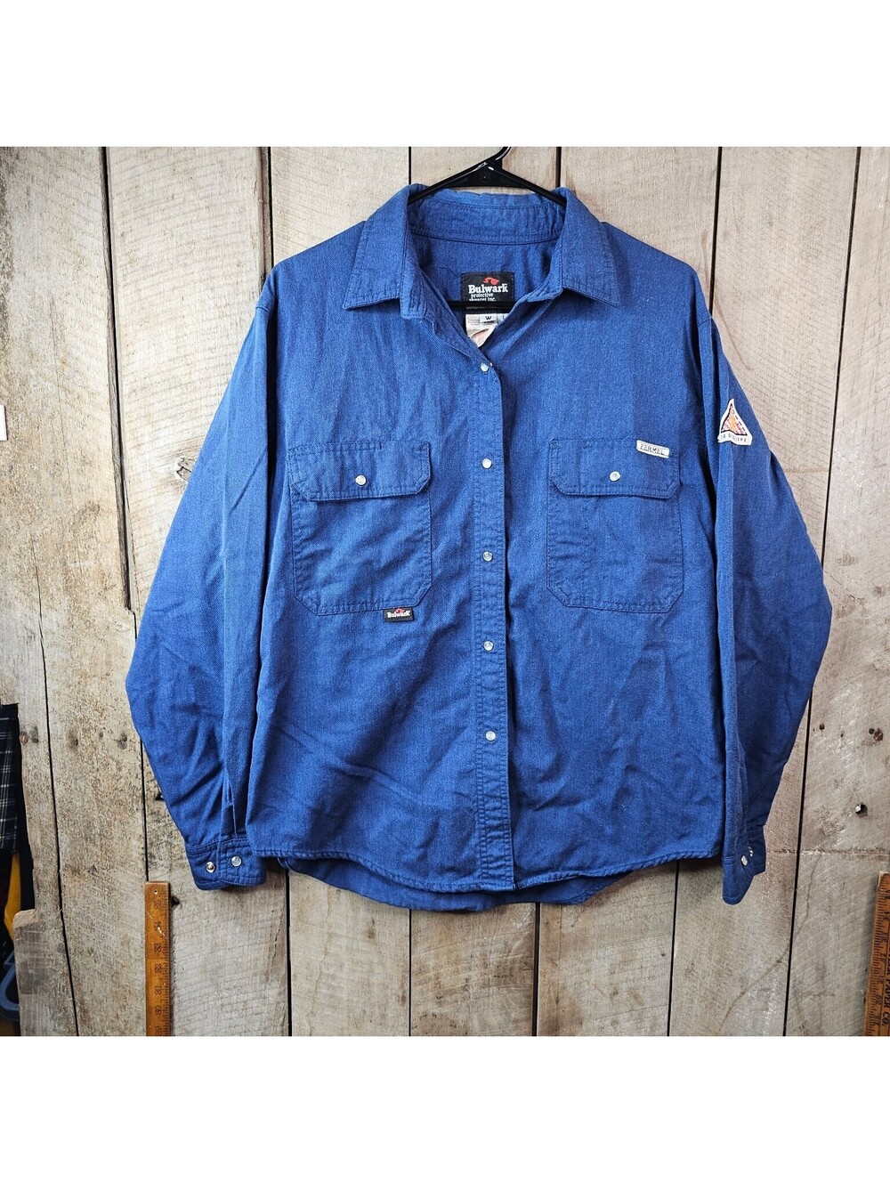 Bulwark Large FR Flame Resistant Work Shirt Button Snap Blue Protective
